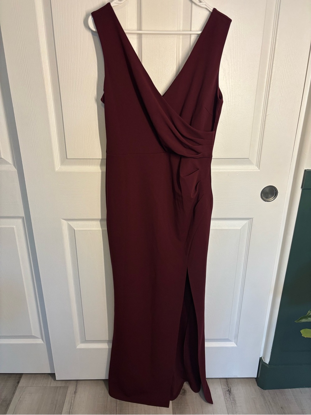 Woosea Burgundy Sleeveless Draped V-Neck Maxi Gown Slit Dress NWT L